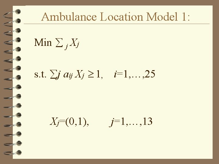 Ambulance Location Model 1: Min j Xj s. t. j aij Xj 1, i=1,