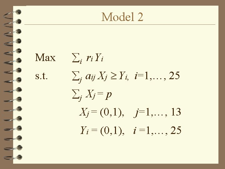 Model 2 Max i ri Yi s. t. j aij Xj Yi, i=1, …,