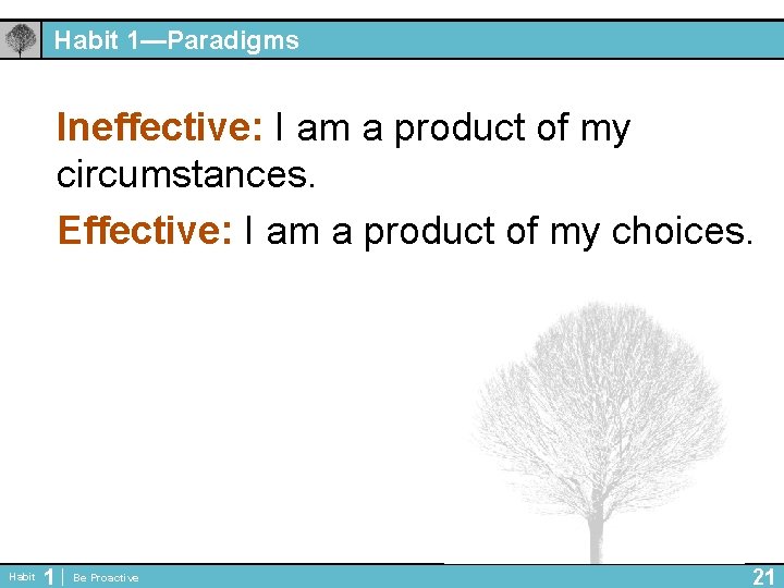 Habit 1—Paradigms Ineffective: I am a product of my circumstances. Effective: I am a