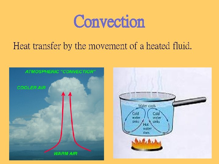 Convection Heat transfer by the movement of a heated fluid. 