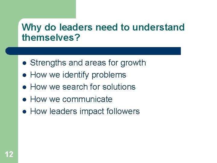 Why do leaders need to understand themselves? l l l 12 Strengths and areas