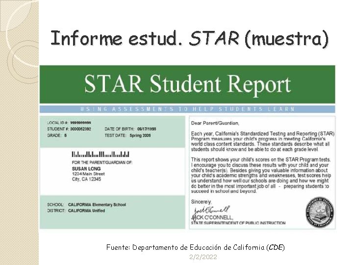 Informe estud. STAR (muestra) Fuente: Departamento de Educación de California (CDE) 2/2/2022 