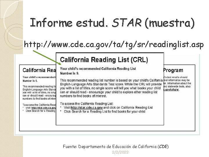 Informe estud. STAR (muestra) http: //www. cde. ca. gov/ta/tg/sr/readinglist. asp Fuente: Departamento de Educación