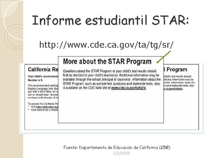 Informe estudiantil STAR: http: //www. cde. ca. gov/ta/tg/sr/ Fuente: Departamento de Educación de California