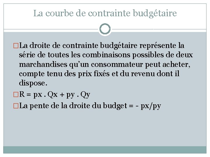 La courbe de contrainte budgétaire �La droite de contrainte budgétaire représente la série de