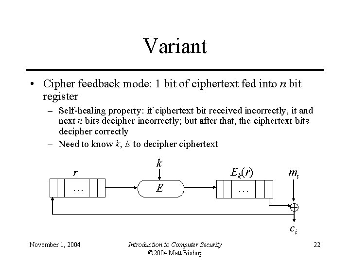 Variant • Cipher feedback mode: 1 bit of ciphertext fed into n bit register