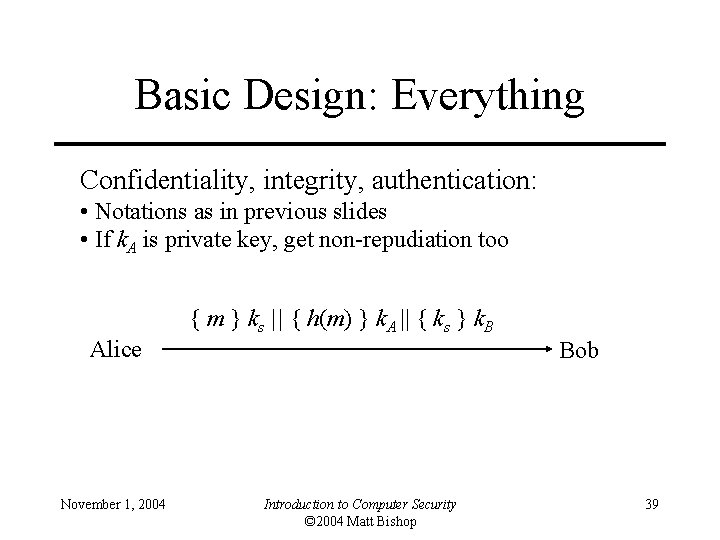 Basic Design: Everything Confidentiality, integrity, authentication: • Notations as in previous slides • If