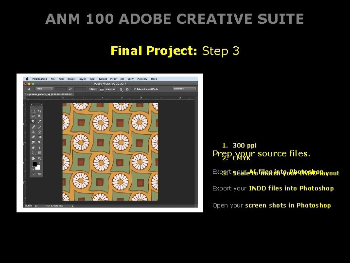 ANM 100 ADOBE CREATIVE SUITE Final Project: Step 3 1. 300 ppi Prep your