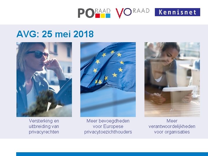 AVG: 25 mei 2018 Versterking en uitbreiding van privacyrechten Meer bevoegdheden voor Europese privacytoezichthouders