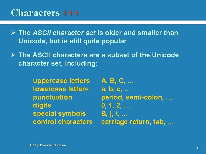 Characters +++ Ø The ASCII character set is older and smaller than Unicode, but
