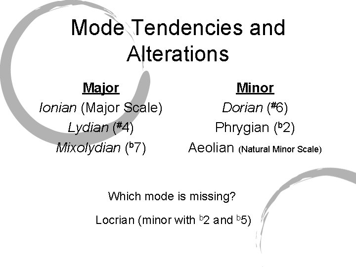 Mode Tendencies and Alterations Major Ionian (Major Scale) Lydian (#4) Mixolydian (b 7) Minor