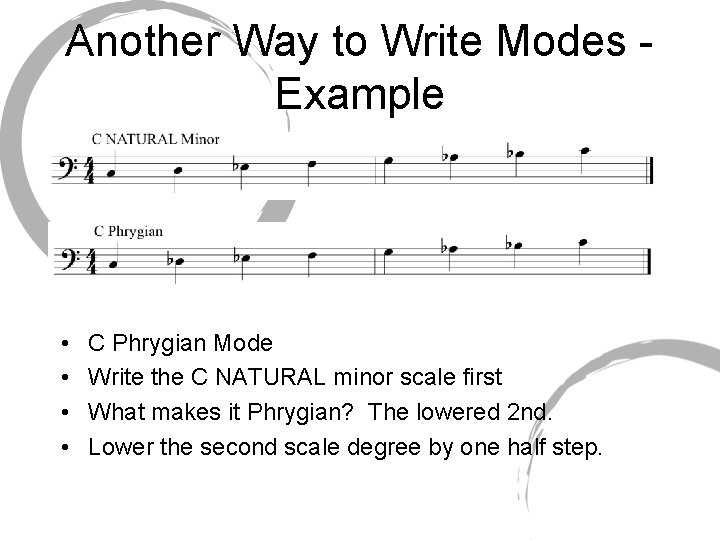 Another Way to Write Modes Example • • C Phrygian Mode Write the C