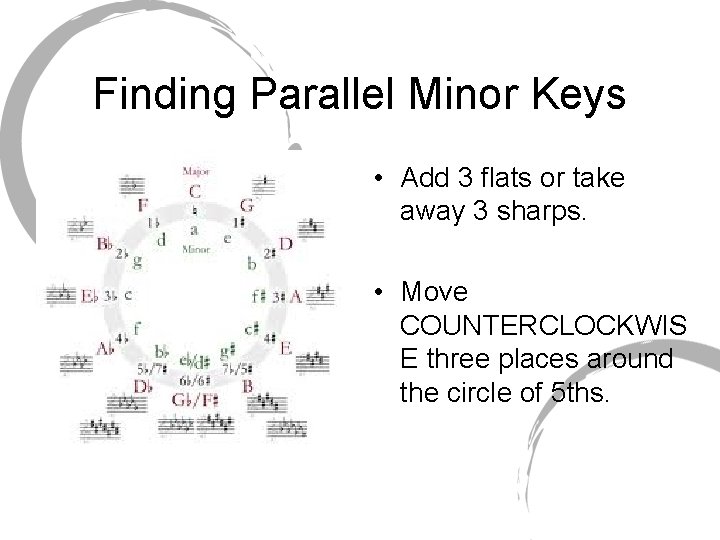 Finding Parallel Minor Keys • Add 3 flats or take away 3 sharps. •