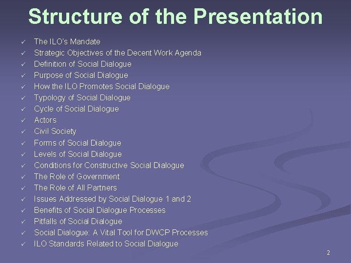 Structure of the Presentation ü ü ü ü ü The ILO’s Mandate Strategic Objectives