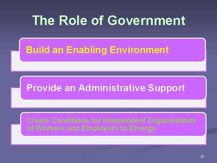 The Role of Government Build an Enabling Environment Provide an Administrative Support Create Conditions