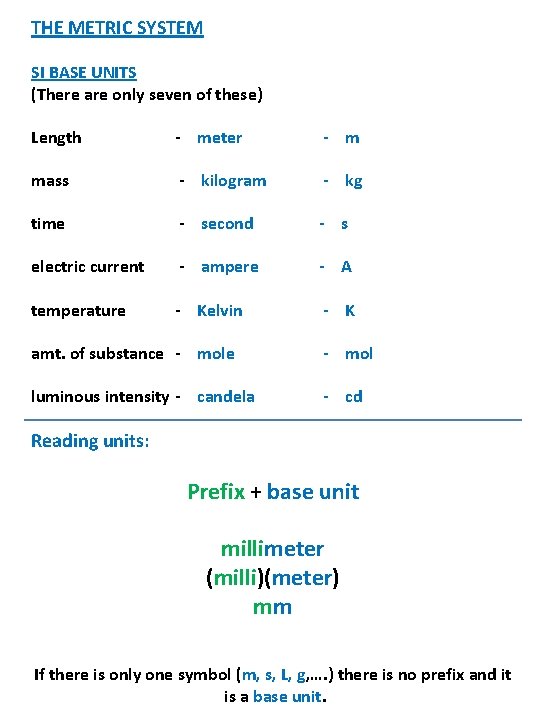 THE METRIC SYSTEM SI BASE UNITS (There are only seven of these) Length - THE METRIC SYSTEM SI BASE UNITS (There are only seven of these) Length -