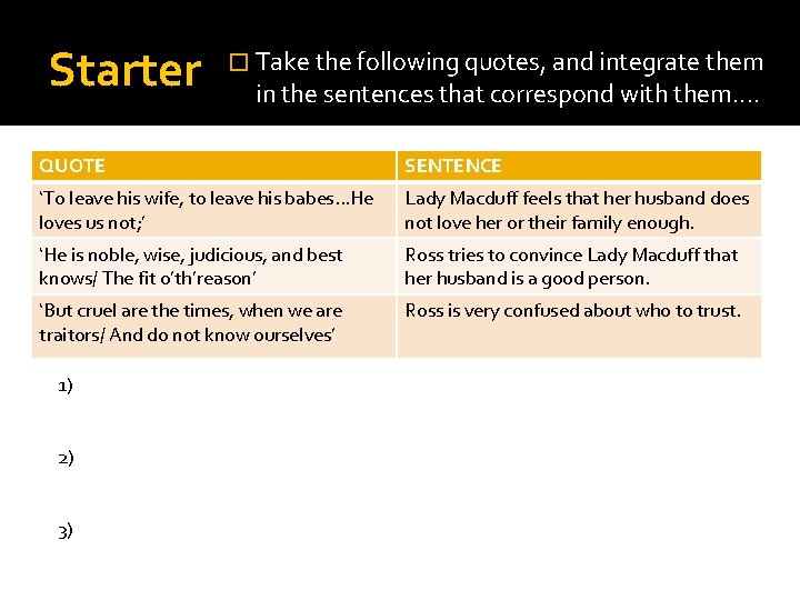 Starter � Take the following quotes, and integrate them in the sentences that correspond