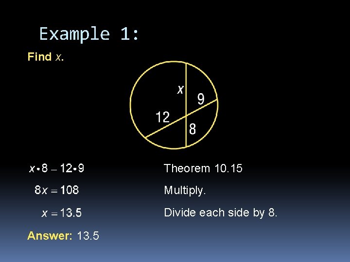 Example 1: Find x. Theorem 10. 15 Multiply. Divide each side by 8. Answer: Example 1: Find x. Theorem 10. 15 Multiply. Divide each side by 8. Answer: