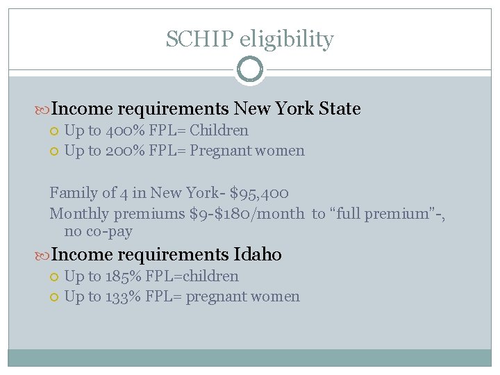 SCHIP eligibility Income requirements New York State Up to 400% FPL= Children Up to
