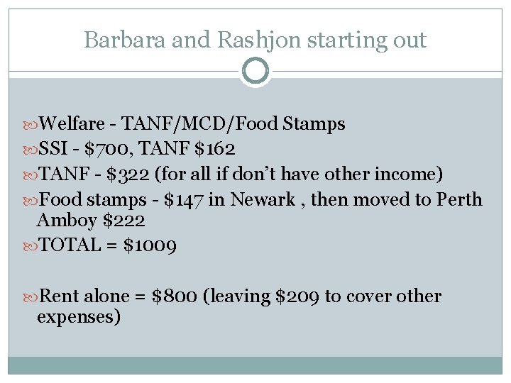Barbara and Rashjon starting out Welfare - TANF/MCD/Food Stamps SSI - $700, TANF $162