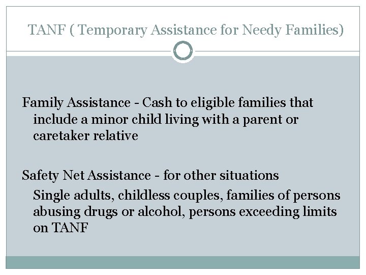 TANF ( Temporary Assistance for Needy Families) Family Assistance - Cash to eligible families