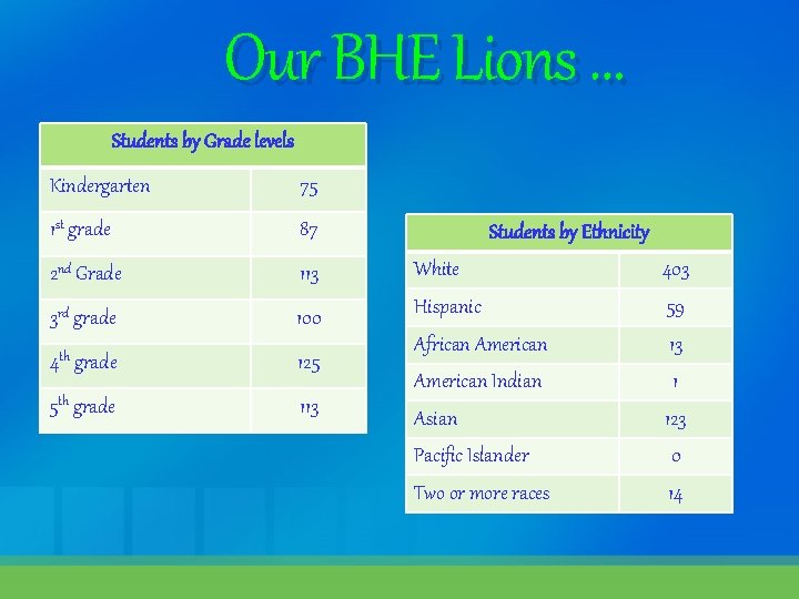 Our BHE Lions … Students by Grade levels Kindergarten 75 1 st grade 87