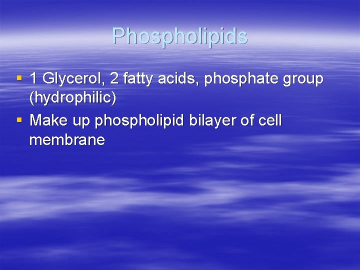 Phospholipids § 1 Glycerol, 2 fatty acids, phosphate group (hydrophilic) § Make up phospholipid