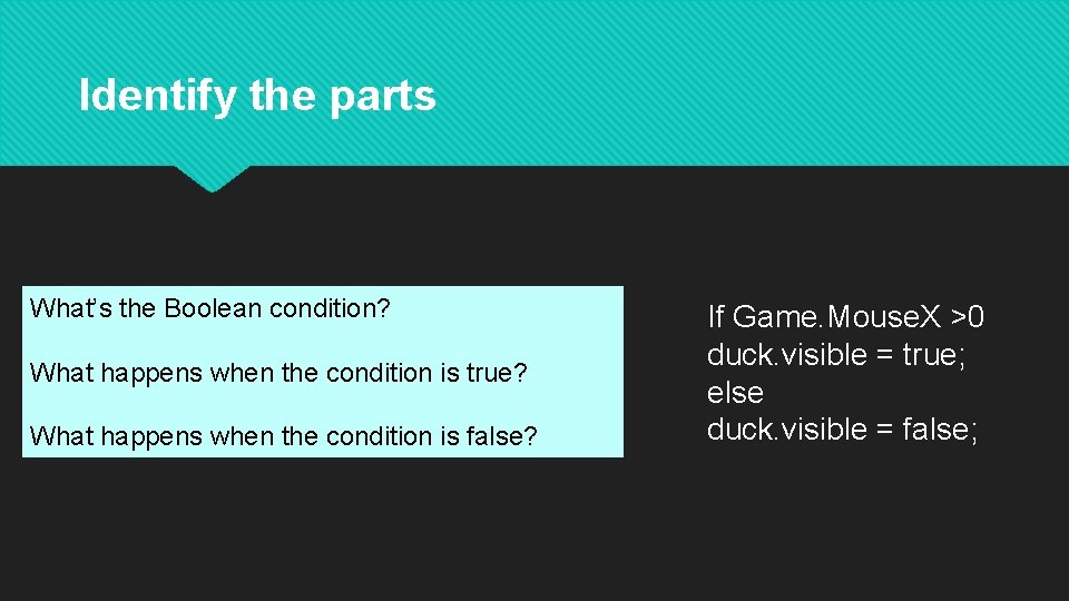 Identify the parts What’s the Boolean condition? What happens when the condition is true?