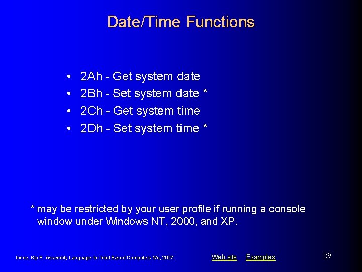 Date/Time Functions • • 2 Ah - Get system date 2 Bh - Set Date/Time Functions • • 2 Ah - Get system date 2 Bh - Set