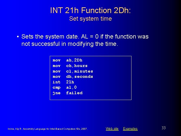INT 21 h Function 2 Dh: Set system time • Sets the system date. INT 21 h Function 2 Dh: Set system time • Sets the system date.