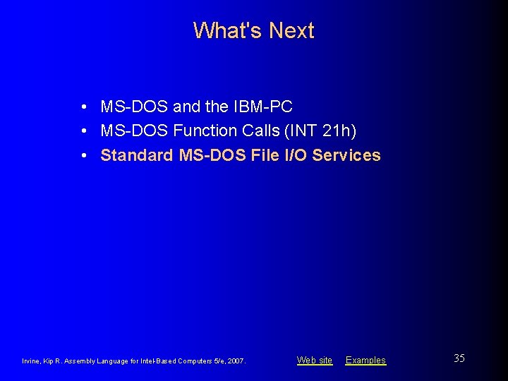 What's Next • MS-DOS and the IBM-PC • MS-DOS Function Calls (INT 21 h) What's Next • MS-DOS and the IBM-PC • MS-DOS Function Calls (INT 21 h)