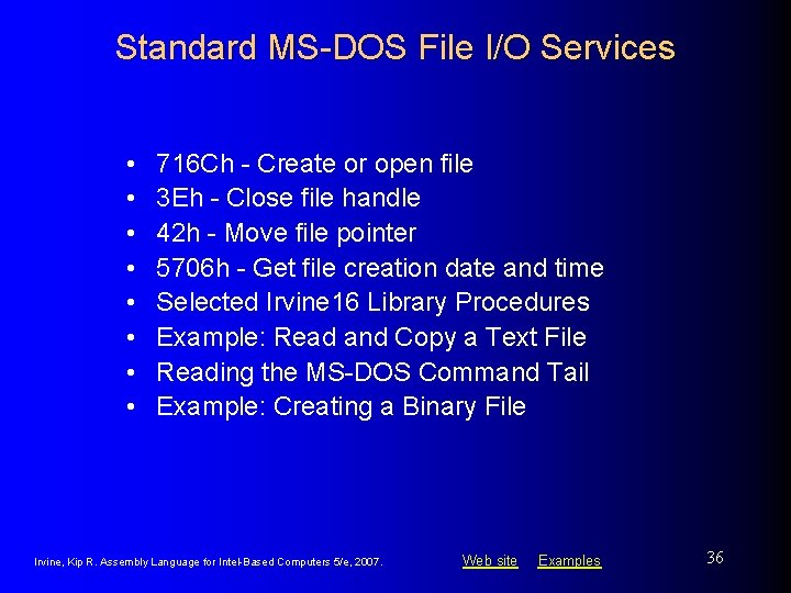 Standard MS-DOS File I/O Services • • 716 Ch - Create or open file Standard MS-DOS File I/O Services • • 716 Ch - Create or open file
