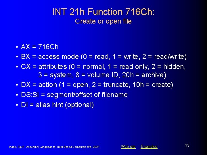INT 21 h Function 716 Ch: Create or open file • AX = 716 INT 21 h Function 716 Ch: Create or open file • AX = 716