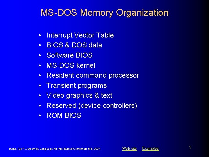 MS-DOS Memory Organization • • • Interrupt Vector Table BIOS & DOS data Software MS-DOS Memory Organization • • • Interrupt Vector Table BIOS & DOS data Software