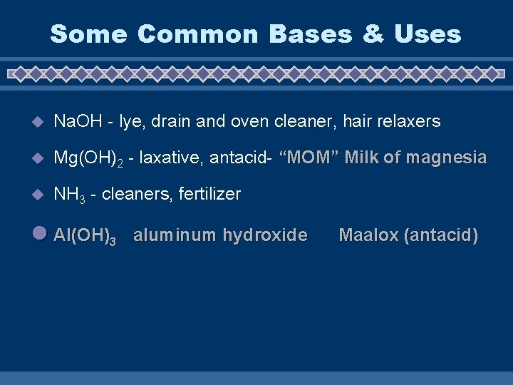 Some Common Bases & Uses u Na. OH - lye, drain and oven cleaner,