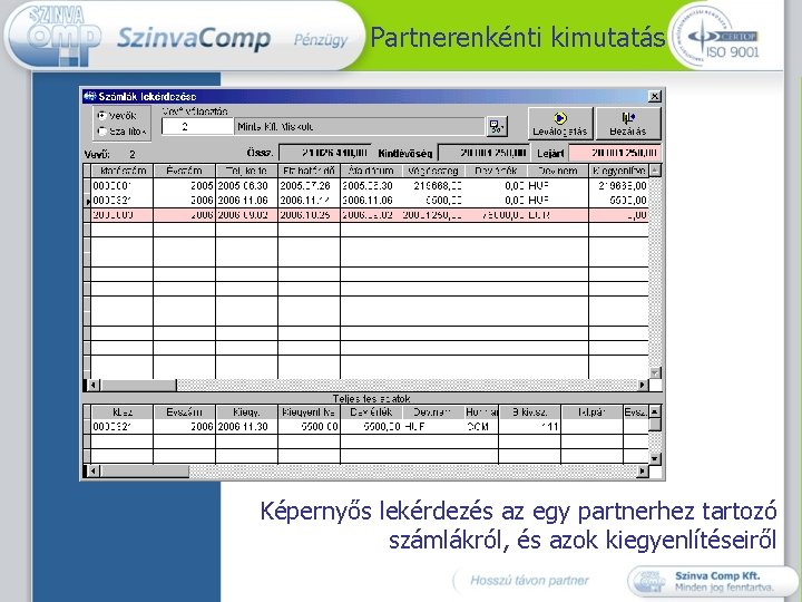 Partnerenkénti kimutatás Képernyős lekérdezés az egy partnerhez tartozó számlákról, és azok kiegyenlítéseiről 