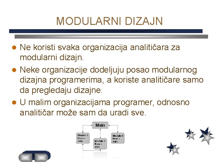 MODULARNI DIZAJN Ne koristi svaka organizacija analitičara za modularni dizajn. l Neke organizacije dodeljuju