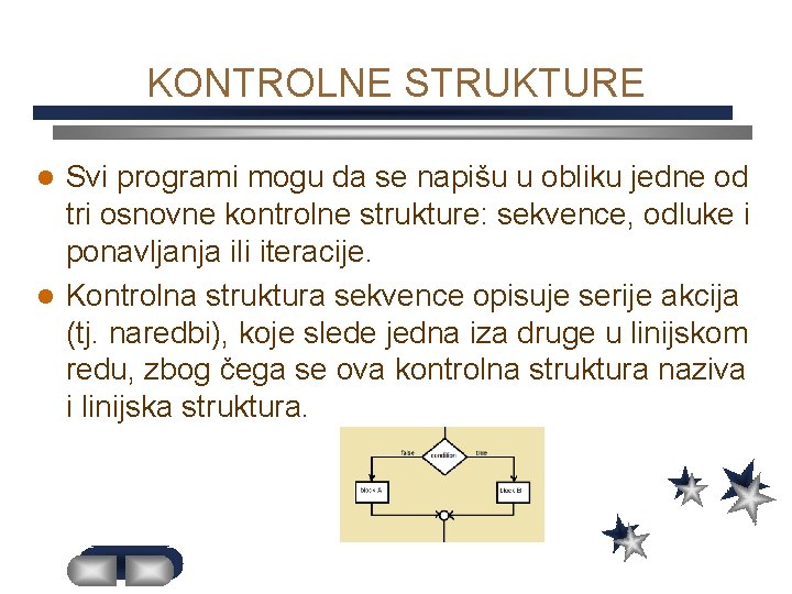 KONTROLNE STRUKTURE Svi programi mogu da se napišu u obliku jedne od tri osnovne