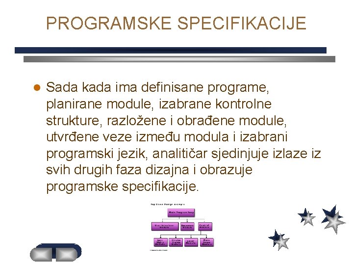 PROGRAMSKE SPECIFIKACIJE l Sada kada ima definisane programe, planirane module, izabrane kontrolne strukture, razložene