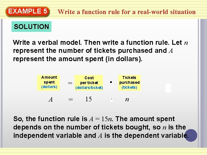 EXAMPLE 5 Write a function rule for a real-world situation SOLUTION Write a verbal