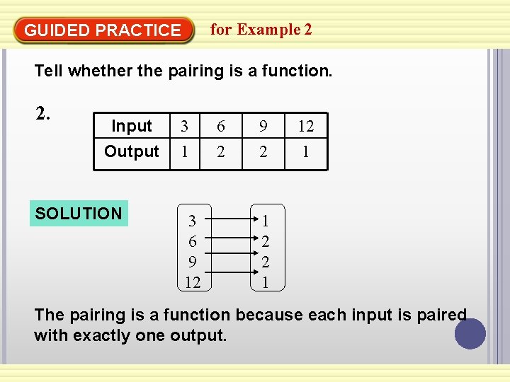 for Example 2 GUIDED PRACTICE Tell whether the pairing is a function. 2. Input