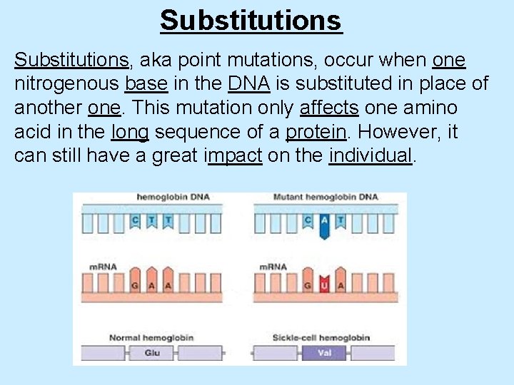 Substitutions, aka point mutations, occur when one nitrogenous base in the DNA is substituted