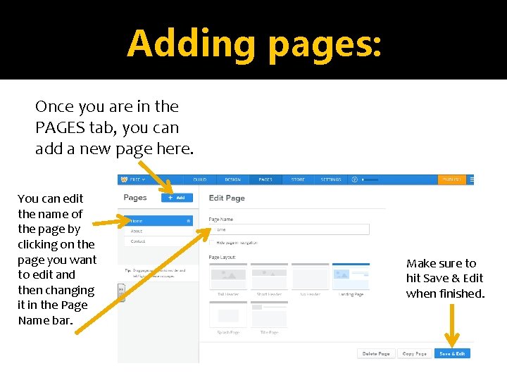 Adding pages: Once you are in the PAGES tab, you can add a new