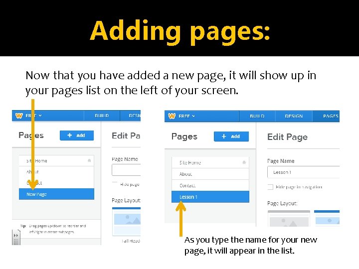 Adding pages: Now that you have added a new page, it will show up