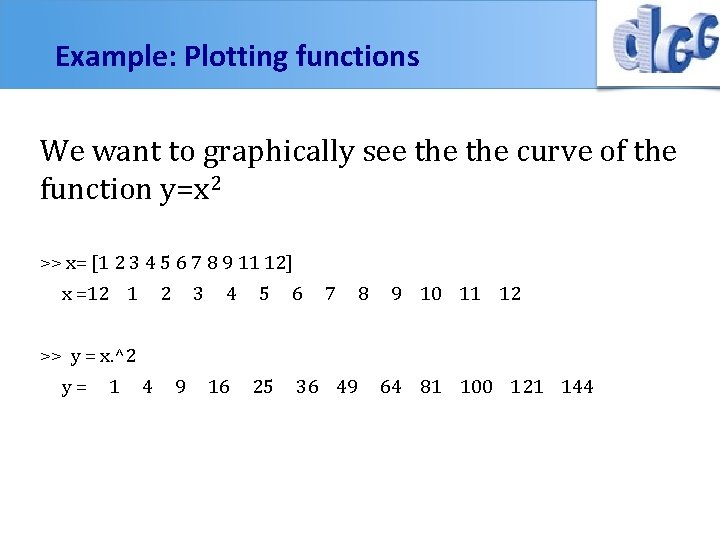 Example: Plotting functions We want to graphically see the curve of the function y=x