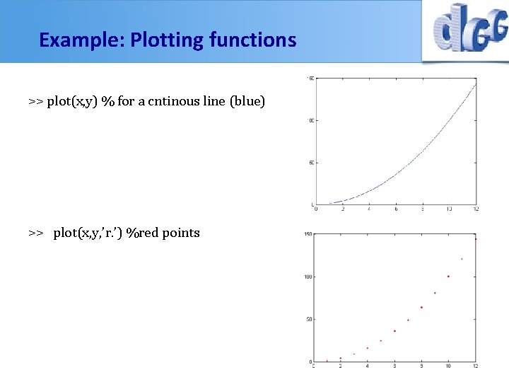 Example: Plotting functions >> plot(x, y) % for a cntinous line (blue) >> plot(x,