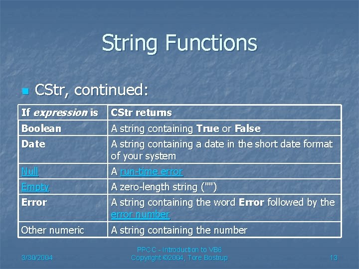 String Functions n CStr, continued: If expression is CStr returns Boolean A string containing