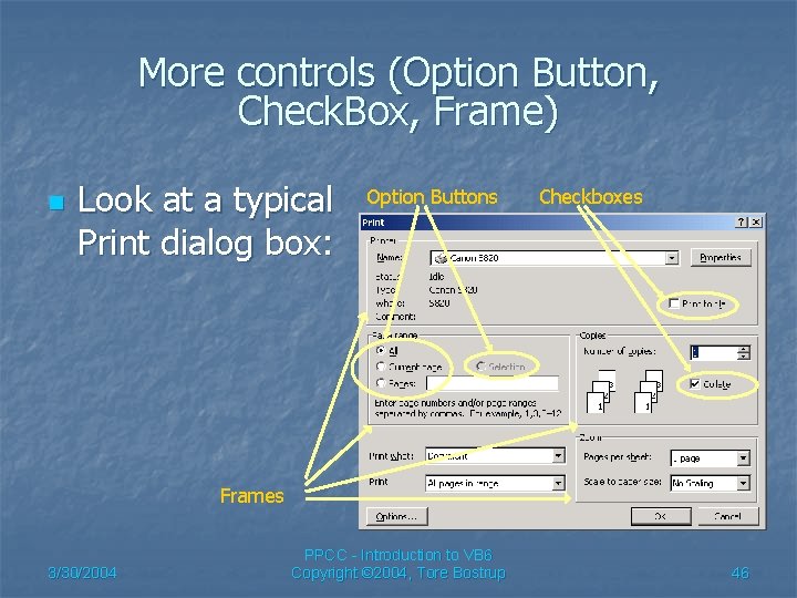 More controls (Option Button, Check. Box, Frame) n Look at a typical Print dialog