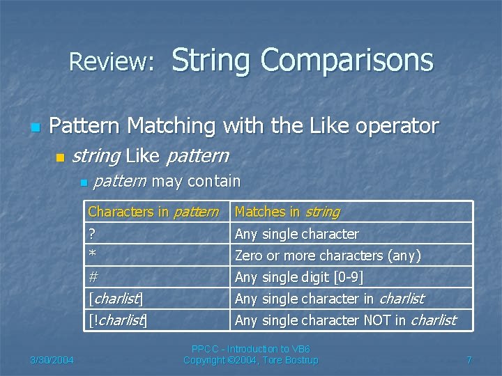 Review: n String Comparisons Pattern Matching with the Like operator n string Like pattern