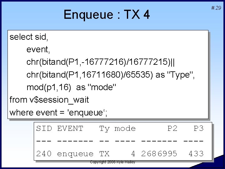 Enqueue : TX 4 select sid, event, chr(bitand(P 1, -16777216)/16777215)|| chr(bitand(P 1, 16711680)/65535) as